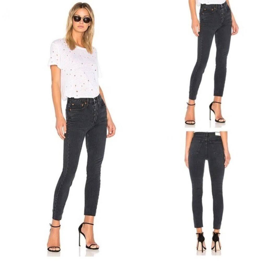 RE/DONE Originals Faded Black Wash High Rise Skinny Raw Hem Jeans Size 28